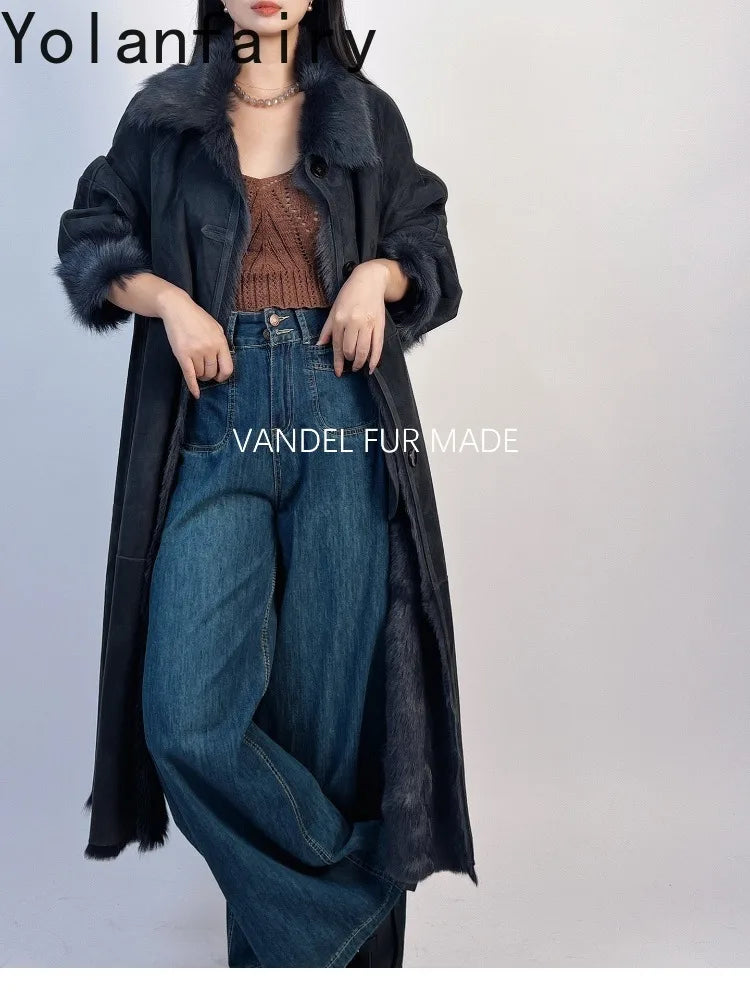 YOLANFAIRY Real Goatskin Leather Fur Coats for Women Winter High-end Natural Fur Coat Lazy Style Long Leather Jacket Luxury Wear