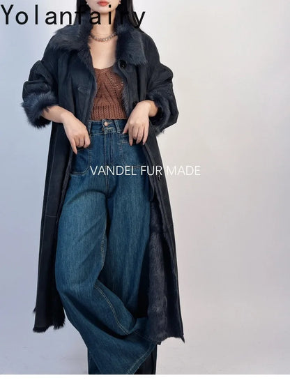 YOLANFAIRY Real Goatskin Leather Fur Coats for Women Winter High-end Natural Fur Coat Lazy Style Long Leather Jacket Luxury Wear