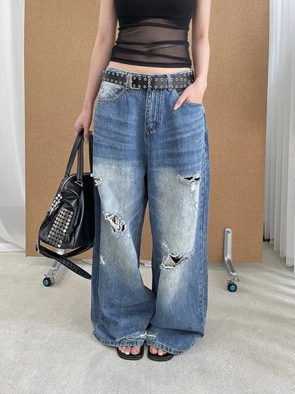 DEAT Fashion Washed Ripped Hole Vintage Straight Jeans Women's High Waist Long Wide Leg Blue Denim Pants Summer New
