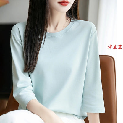 Spring And Summer New White Mercerized Cotton Short Sleeve T-Shirt Feminine Joker Cotton Cropped Sleeve Bottoming Shirt