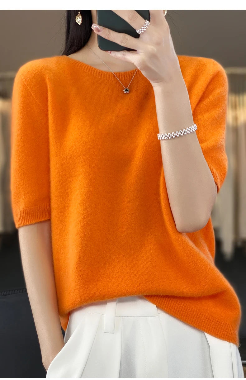 100% Merino wool women's O neck knitted T-shirt Korean pullover short sleeve sweater women's basic solid color half sleeve women
