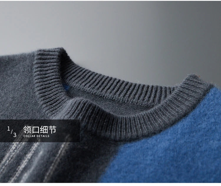 Men's 100% Merino Wool Color-Blocked O-Neck Sweater Long Sleeves Fashion Pullover Cashmere Loose Soft Warm Leisure Clothing Top