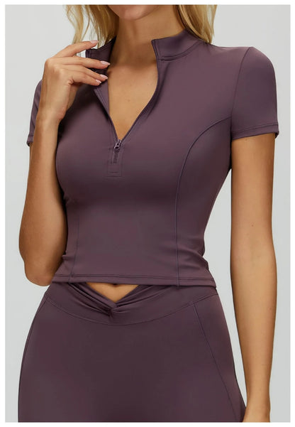 Custom LOGO Women's Yoga Short Sleeve Stand-up Neck Zipper Skinny Sports Short Sleeve Outdoor Running Fitness Top