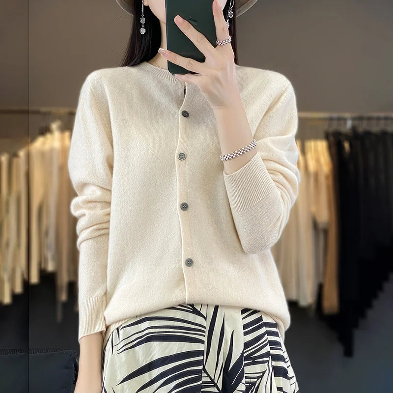 100% Merino Wool Sweater Women O-Neck Cardigan Basic Style  Buttoned Knitwear Female Casual Autumn Winter Soft Tops