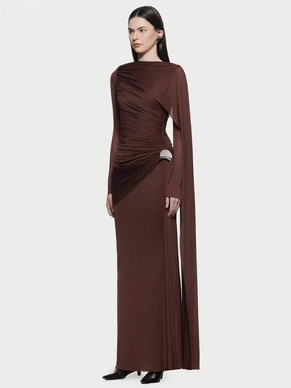 DEAT Fashion Brown Asymmetric Pleated Minimalist Dress Women's Round Neck Slim Fit Long Sleeves Ankle-length Dresses New