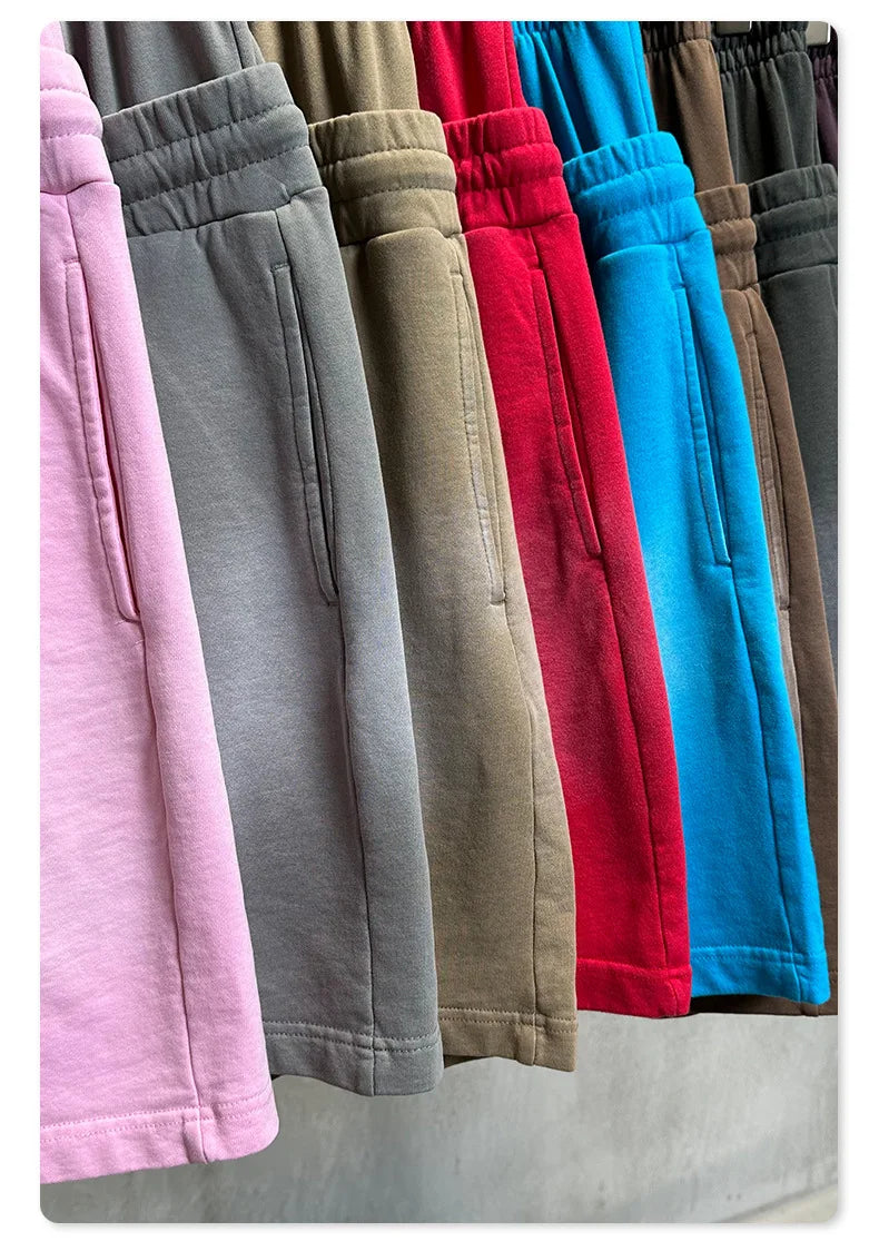 Custom LOGO men's 320G heavy 100% washed and old double waist high waist medium pants loose casual sports five-point shorts