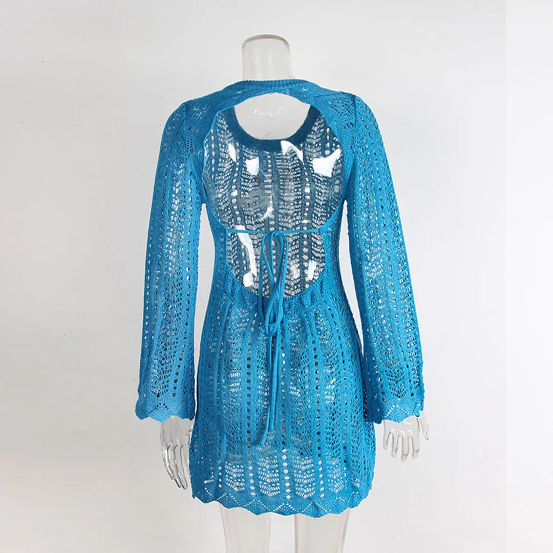 4 Colors Long Sleeve Backless Crochet Knitted Tunic Beach Cover Up Cover-ups Beach Dress Beach Wear Beachwear Female Women V5692