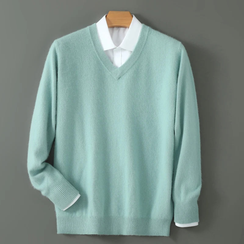 100% Pure Mink Cashmere Sweater Men's V-Neck Pullovers Knit Large Size Mink Sweater Winter New Long Sleeve High-End Jumpers Tops
