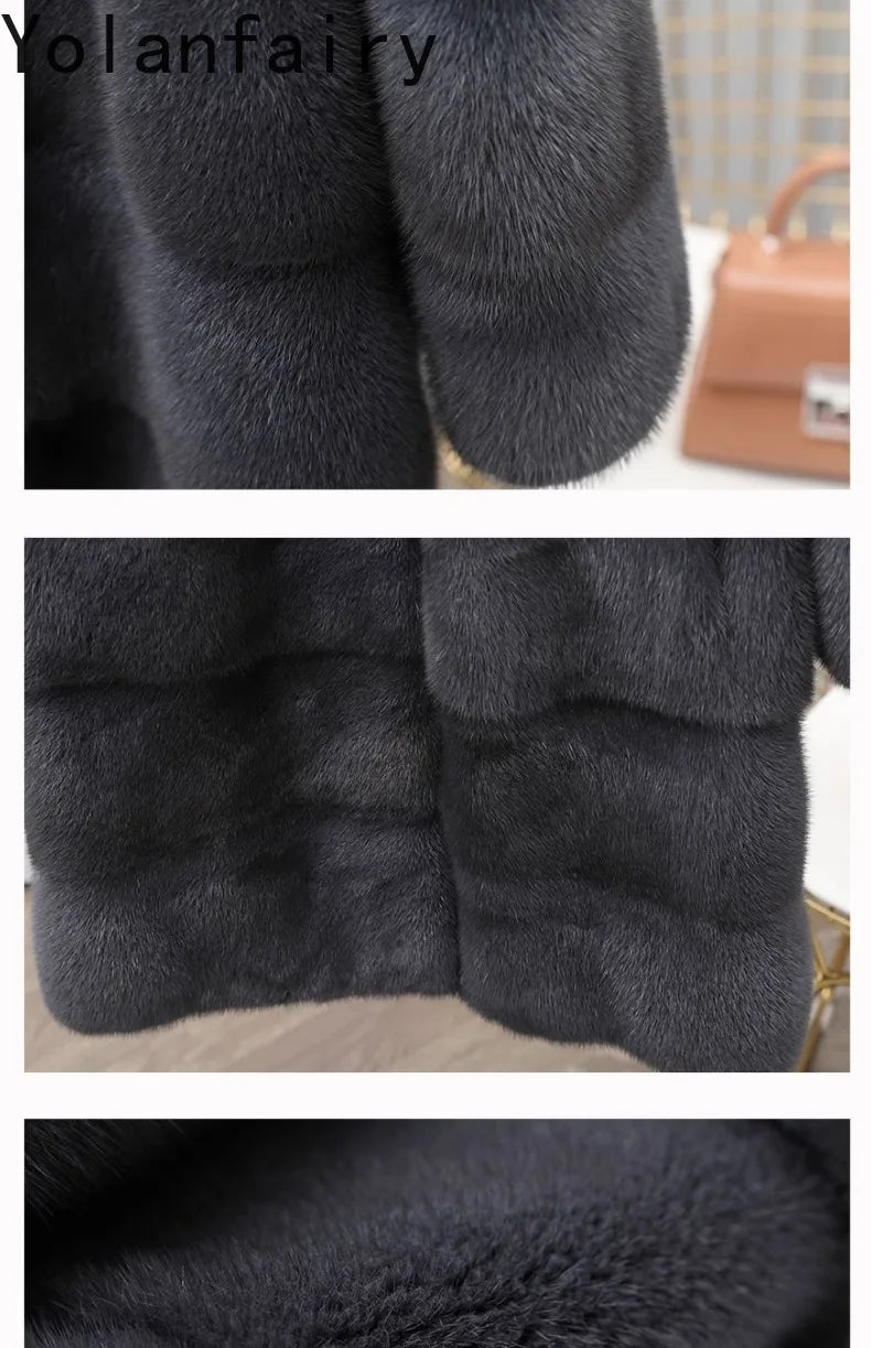 YOLANFAIRY Real Fur Coat Women Winter High Quality Mink Fur Jackets for Women Mid-length Natural Fur Coats Black Mink Jacket