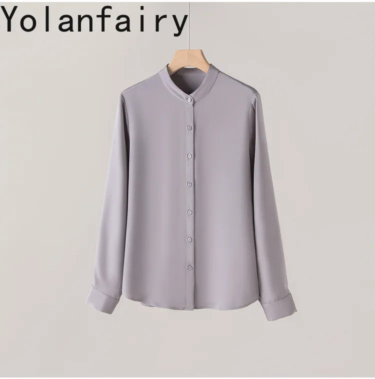 YOLANFAIRY 93% Natural Mulberry Silk Shirts Woman 2026 Stand Collar Long Sleeve Blouse Women Elegant White Shirt OL Ladies Tops