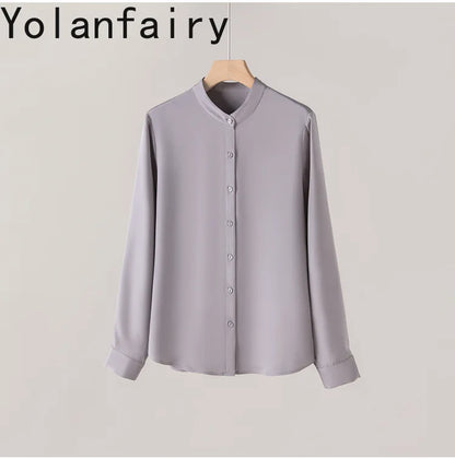 YOLANFAIRY 93% Natural Mulberry Silk Shirts Woman 2026 Stand Collar Long Sleeve Blouse Women Elegant White Shirt OL Ladies Tops