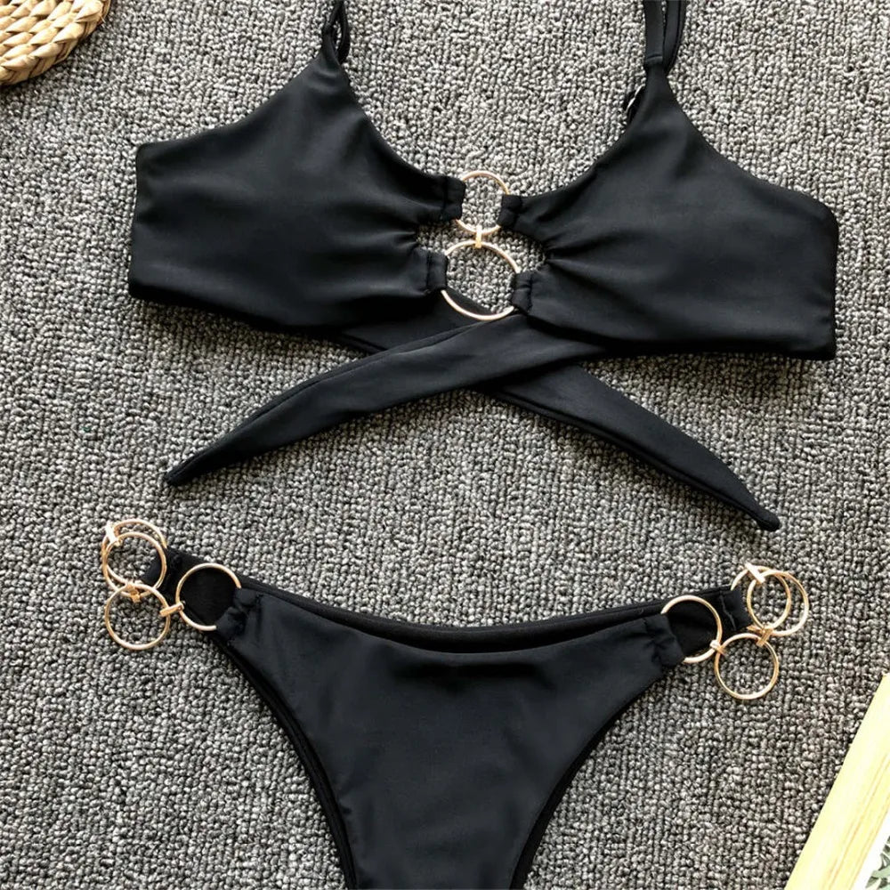 Metal Rings Leopard Brazilian Bikini Women Swimwear Female Swimsuit Two-piece Bikini set Thong Bather Bathing Suit Swim V1441