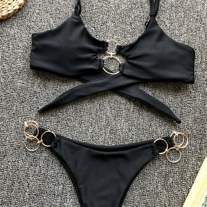 Metal Rings Leopard Brazilian Bikini Women Swimwear Female Swimsuit Two-piece Bikini set Thong Bather Bathing Suit Swim V1441