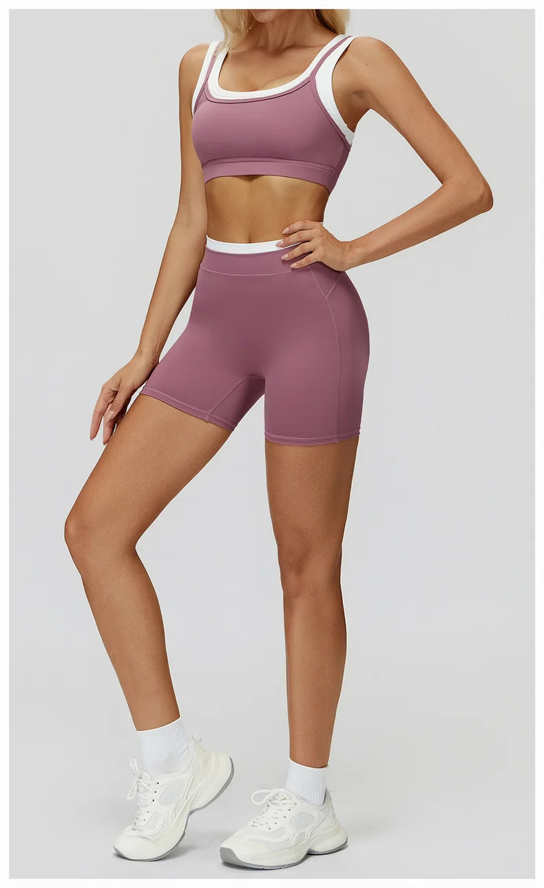 TRY TO BN Yoga Shorts Sets Women's Tracksuit Two Fake Pieces Sports Ribbed Contrasting Color Workout Running Fitness Gym Clothes