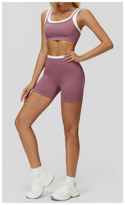 TRY TO BN Yoga Shorts Sets Women's Tracksuit Two Fake Pieces Sports Ribbed Contrasting Color Workout Running Fitness Gym Clothes