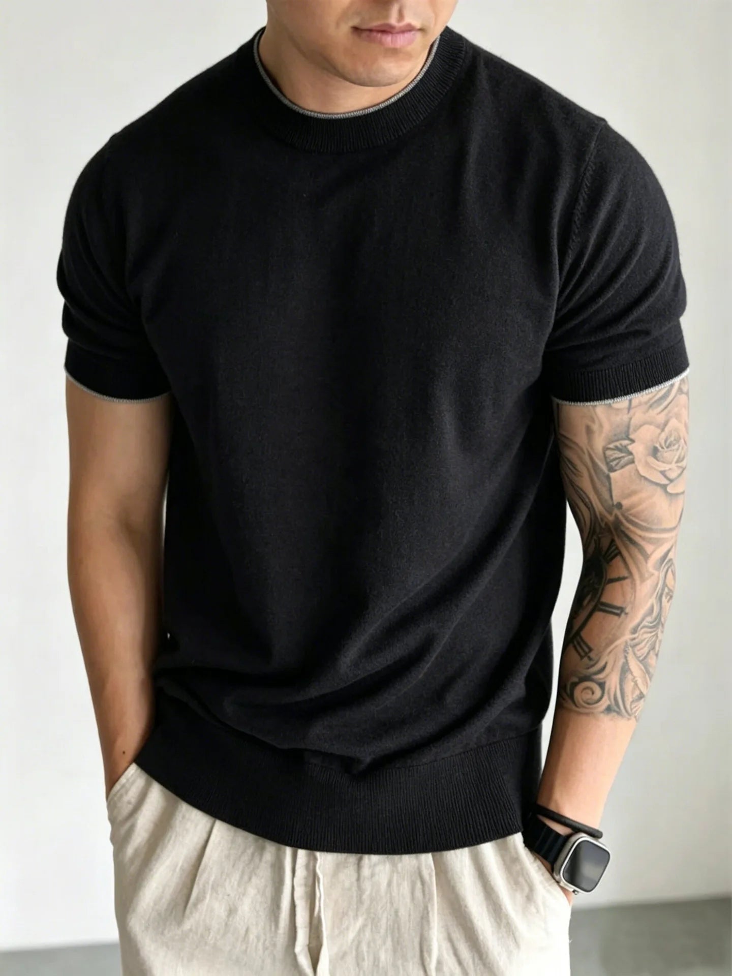 Light Luxury Cashmere Blend Anti Pilling Knitted Short Sleeved Round Neck T-shirt for Men, Retro Casual Business Summer Shirt