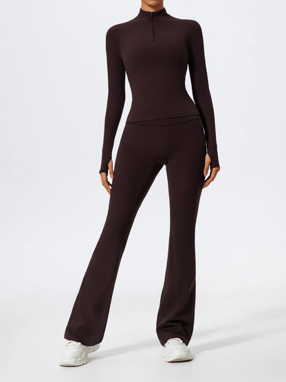 Hearuisavy Summer Half Zipper Yoga Suit Outdoor Workout Clothing Gym Set Women Flared Pants 2Pcs Sports Long Sleeves Shirt Suit