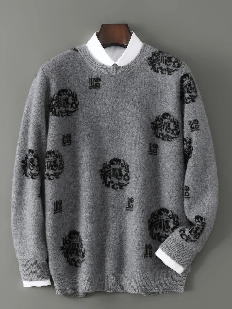 Men's 100% Pure Wool Sweater O-Neck Loose Pullover Autumn/Winter New Embroidery Business Casual Cashmere Tops Knit Bottom Shirt