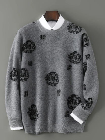 Men's 100% Pure Wool Sweater O-Neck Loose Pullover Autumn/Winter New Embroidery Business Casual Cashmere Tops Knit Bottom Shirt