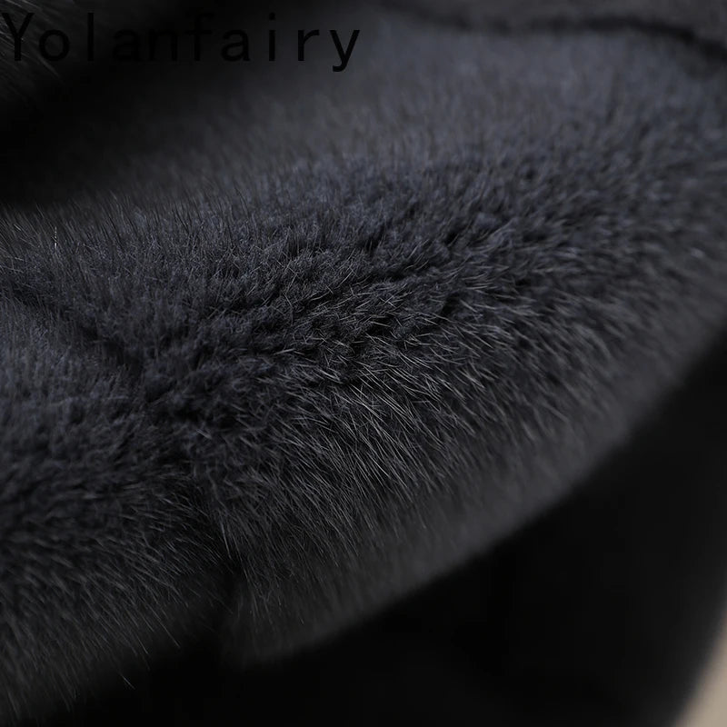 YOLANFAIRY Real Fur Coat Women Winter High Quality Mink Fur Jackets for Women Mid-length Natural Fur Coats Black Mink Jacket