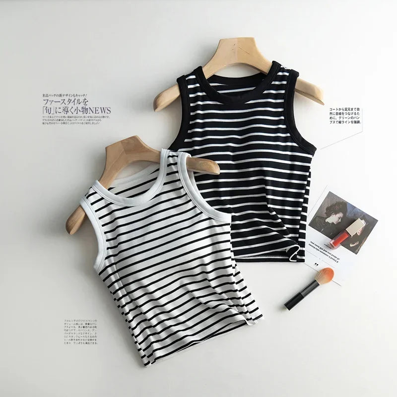 2026 Summer New Women's Tank Top Pajamas All Cotton with Chest Pads Tank Top with Stripe Sports Bottom Short Home Fur Ladies