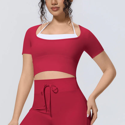 Yoga Sexy Dance Clothes High Elastic Sports T-shirt Women Fitness Top Short Sleeves Running Shirts Gym Push Up Workout Top Tee