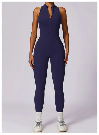 Summer V Back One-piece Suit Women Sports Jumpsuit Zippers Yoga Rompers Backless Sportswear Women Sleeveles Workout Bodysuits