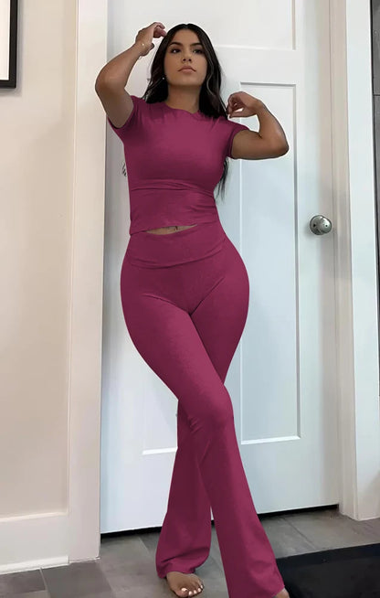 Casual Workout Two Piece Outfits for Women Short Sleeve Crop High Waist Foldover Flare Pants Tracksuit Sets Streetwear