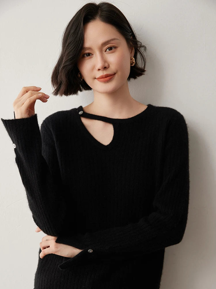 CHICUU Women's 100% Cashmere Knit Pullover Sweater Cut Out Collar Long Sleeve Pullover Autumn Winter Basic Cashmere Knitwear Top