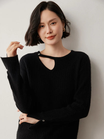 CHICUU Women's 100% Cashmere Knit Pullover Sweater Cut Out Collar Long Sleeve Pullover Autumn Winter Basic Cashmere Knitwear Top