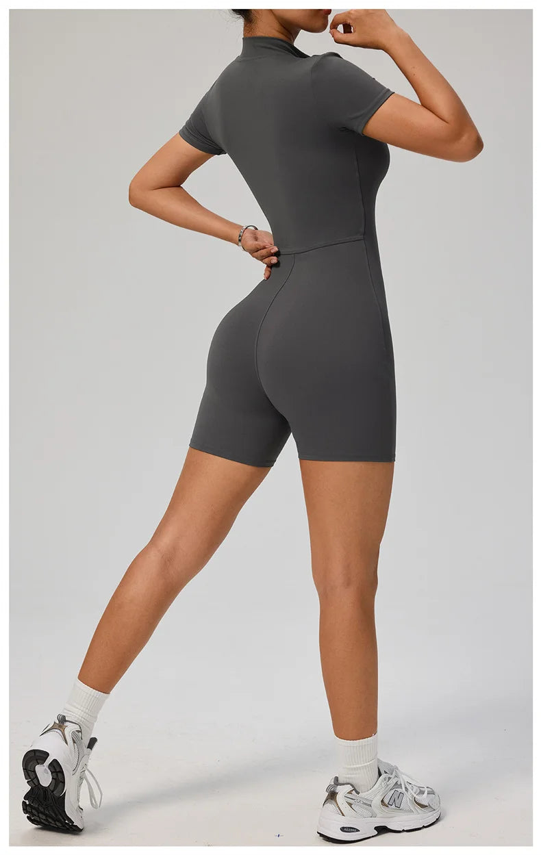 TRY TO BN Sports Jumpsuit Zipper Short Sleeves Yoga Sportswear Fitness Workout Bodysuit One Piece Suits Tights Gym Woman Clothes