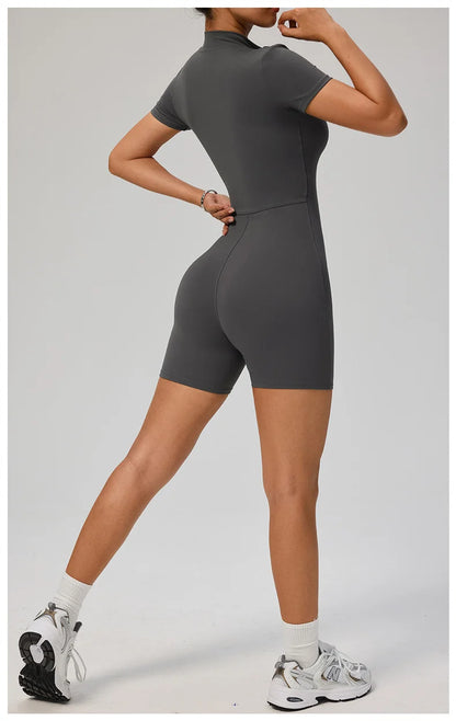TRY TO BN Sports Jumpsuit Zipper Short Sleeves Yoga Sportswear Fitness Workout Bodysuit One Piece Suits Tights Gym Woman Clothes
