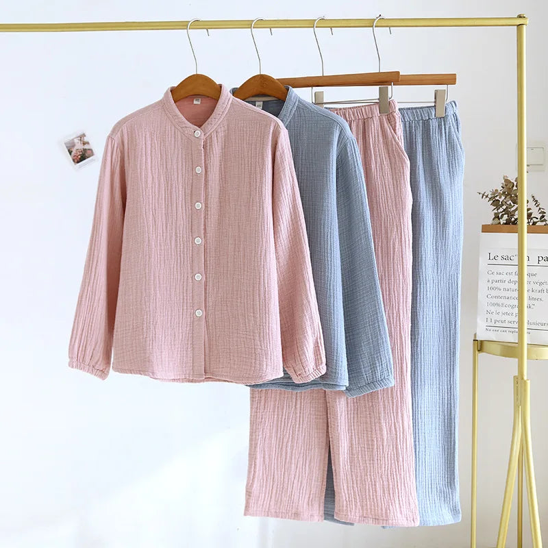 2026 Spring and Autumn New Couple Pajama Set 100% Pure Cotton Crepe Cloth Men's and Women's Stand up Neck Simple Home Clothing