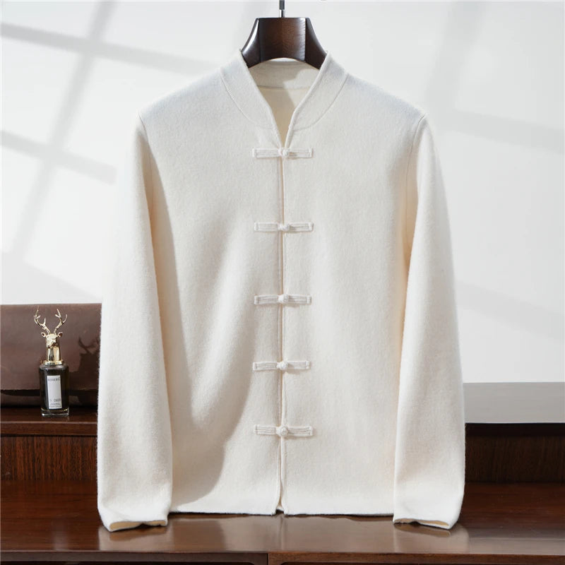 100%Pure Wool Chinese style buckle Cardigan Men Sweater Casual Comfort Knitted Long Sleeve Men's Wool Sweater Spring Autumn Coat