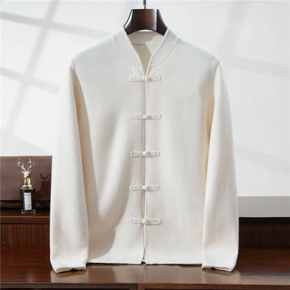 100%Pure Wool Chinese style buckle Cardigan Men Sweater Casual Comfort Knitted Long Sleeve Men's Wool Sweater Spring Autumn Coat