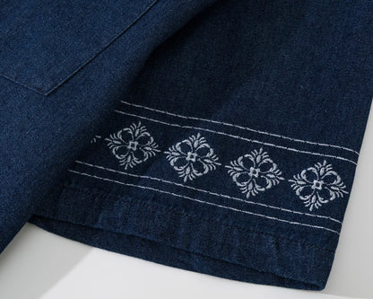 Summer Japanese Retro Ethnic Style Embroidered Denim Men's and Women's Short Sleeved Shirts, Loose Five Quarter Sleeved Workwear