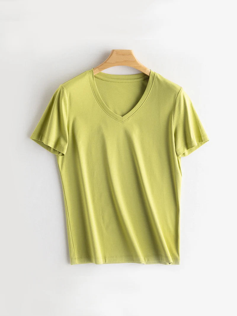 SuyaDream Women Solid T shirts, Silk Cotton Blend, O Neck, Short Sleeved Solid Tee,2025 Summer Candy Colors Basic Cozy Top Green
