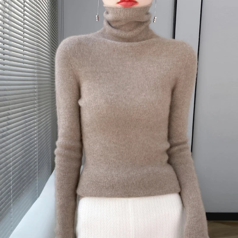 100% Merino Wool Long-sleeved Turtleneck Pullover Women's Autumn Winter Slim Sweater Basic Women's Clothes Cashmere Sweater