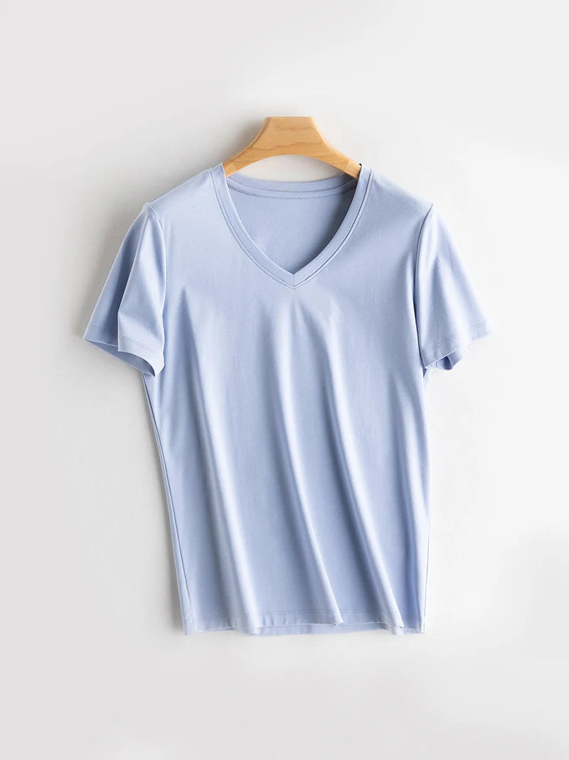 SuyaDream Women Solid T shirts, Silk Cotton Blend, O Neck, Short Sleeved Solid Tee,2025 Summer Candy Colors Basic Cozy Top Green