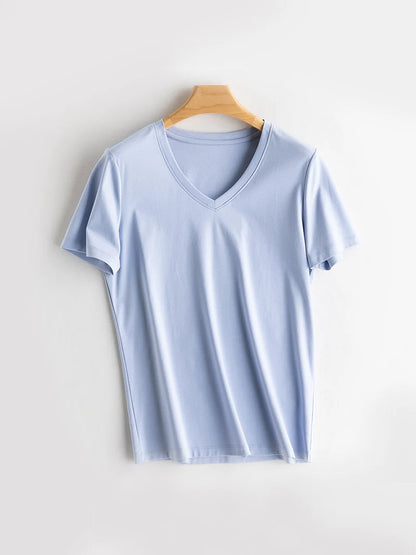SuyaDream Women Solid T shirts, Silk Cotton Blend, O Neck, Short Sleeved Solid Tee,2025 Summer Candy Colors Basic Cozy Top Green