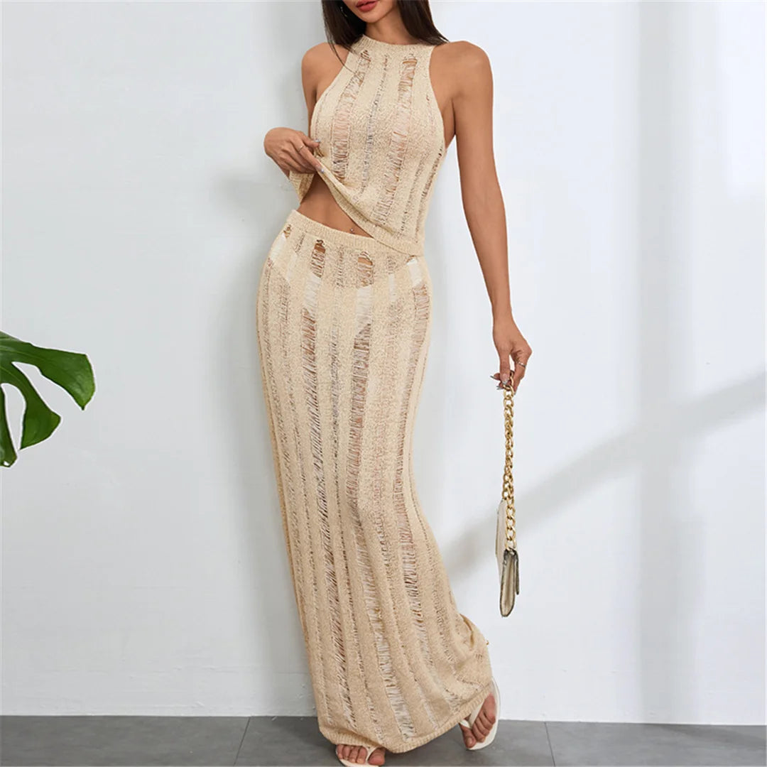 New Sleeveless Crochet Knitted 2 Pieces Suits Tunic Beach Cover Up Cover-ups Beach Dress Beach Wear Beachwear Female Women V6717