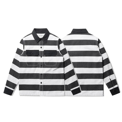 Amekaji Heavyweight Zebra Striped Jacket - Thick Canvas Motorcycle Biker Jacket Retro Workwear Coat
