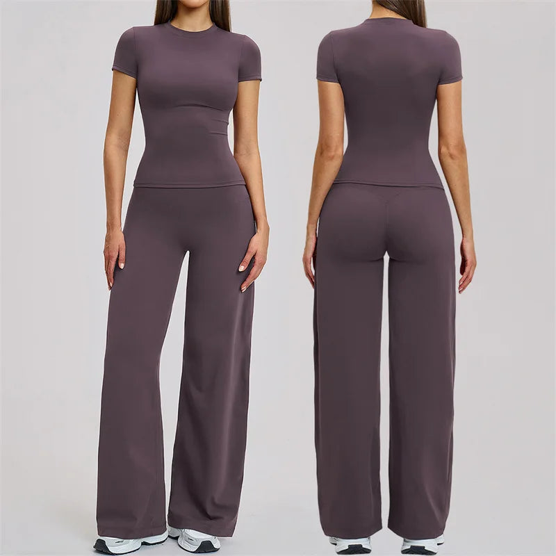 TRY TO BN Women's Tracksuit Two Pieces Yoga Sets Short Sleeve High Waist Leggings Fitness Sportwear Workout Running Gym Clothing