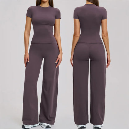 TRY TO BN Women's Tracksuit Two Pieces Yoga Sets Short Sleeve High Waist Leggings Fitness Sportwear Workout Running Gym Clothing