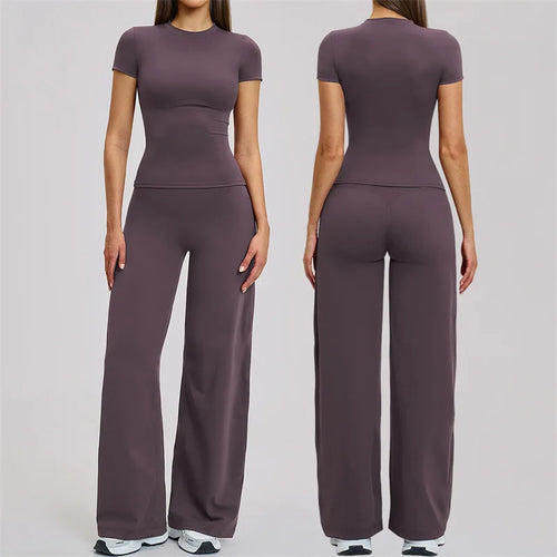 TRY TO BN Women's Tracksuit Two Pieces Yoga Sets Short Sleeve High Waist Leggings Fitness Sportwear Workout Running Gym Clothing