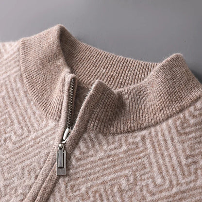 Men's 100% Merino Wool Jacquard Sweater Mock Collar Half Zip Thick Pullover Autumn Winter Cashmere Knitwear Long Sleeved Top