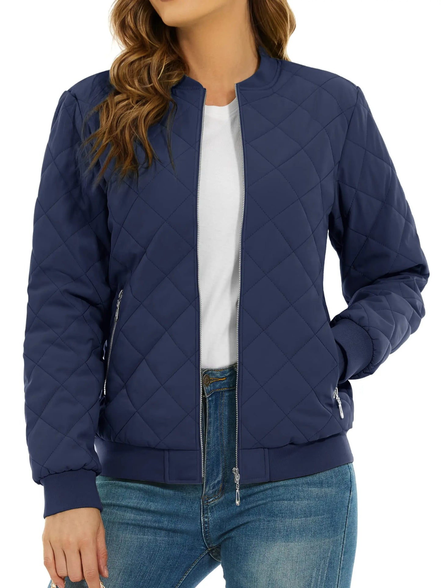 TACVASEN Padded Warm Jackets Womens Fashion Retro Pilot bomber Jackets Diamond Quilted Coats Full Zip Up Pockets Casual Outwear