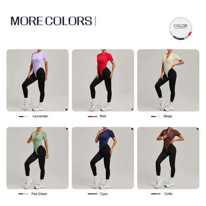 SOISOU Zipper Jumpsuit Women Nylon Clothing Sportswear Woman Gym Yoga Sport Sets Short Sleeve Workout Sets Women Tracksuit