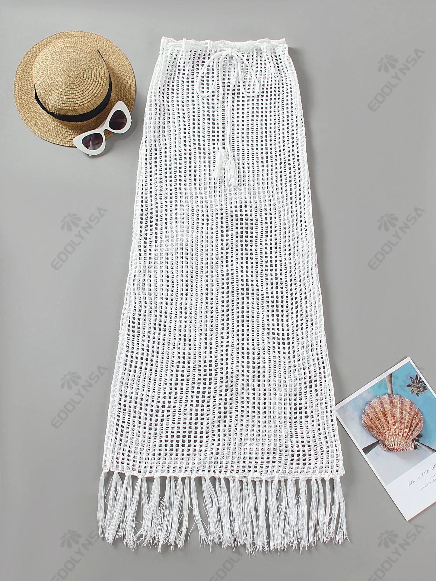 Sexy Summer Knit Cut Out Beach Half Skirt Women Chic Drawstring Fringed Casual Wrap Skirts 2026 Pool Party Swimwear Cover Up K50