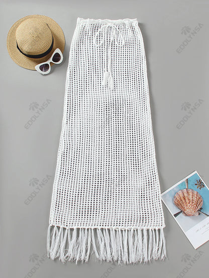 Sexy Summer Knit Cut Out Beach Half Skirt Women Chic Drawstring Fringed Casual Wrap Skirts 2026 Pool Party Swimwear Cover Up K50